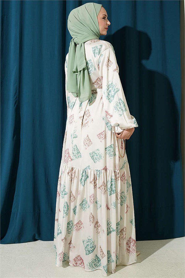 Patterned Ruffled Satin Dress Green