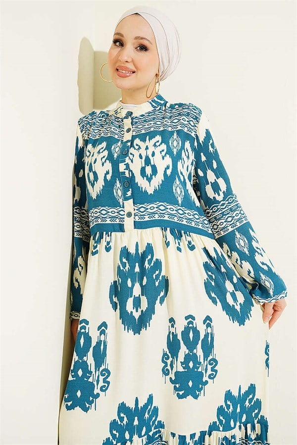 Patterned Half-Button Detail Dress in Petrol