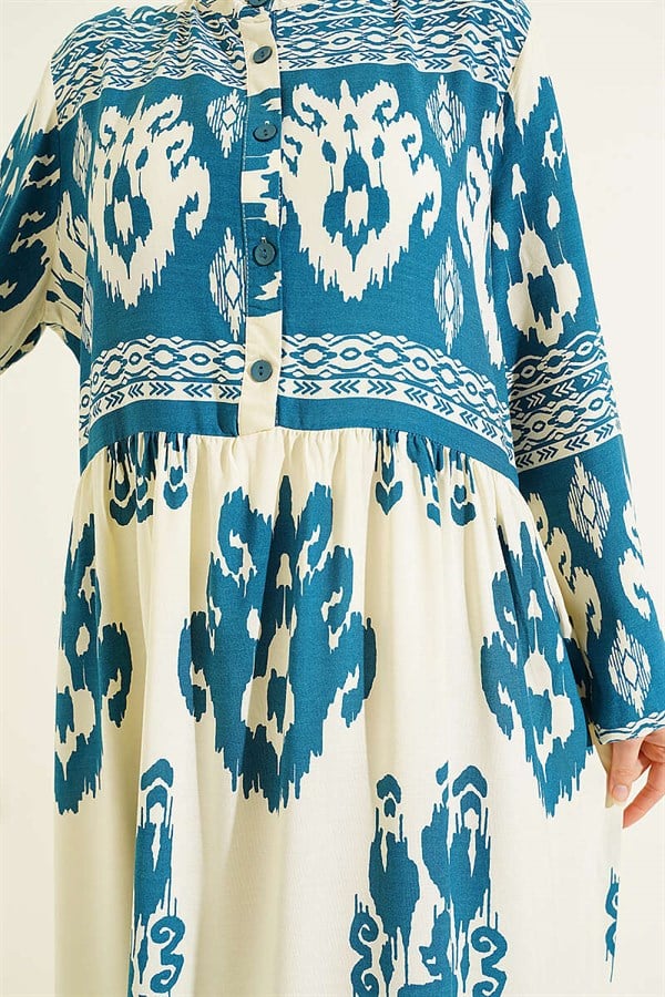 Patterned Half-Button Detail Dress in Petrol