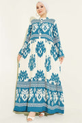 Patterned Half-Button Detail Dress in Petrol