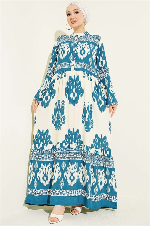Patterned Half-Button Detail Dress in Petrol