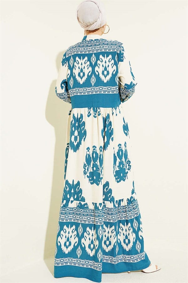 Patterned Half-Button Detail Dress in Petrol