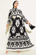 Patterned Half Button Detailed Dress Black