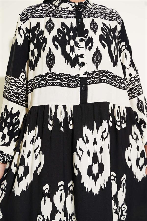 Patterned Half Button Detailed Dress Black