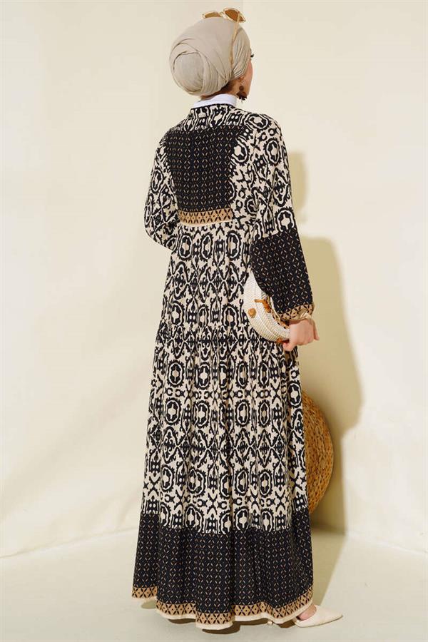 Patterned Half Button Dress Beige