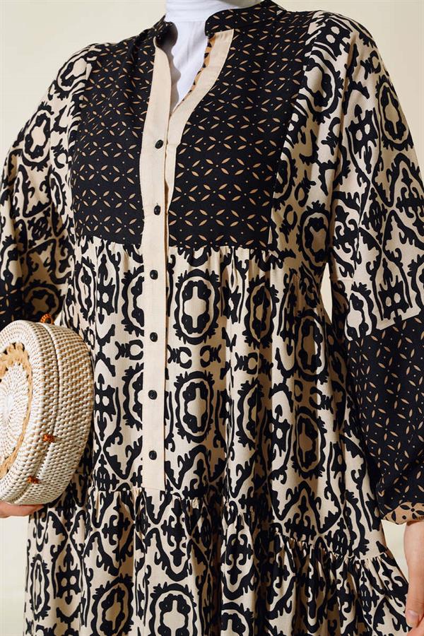 Patterned Half Button Dress Beige
