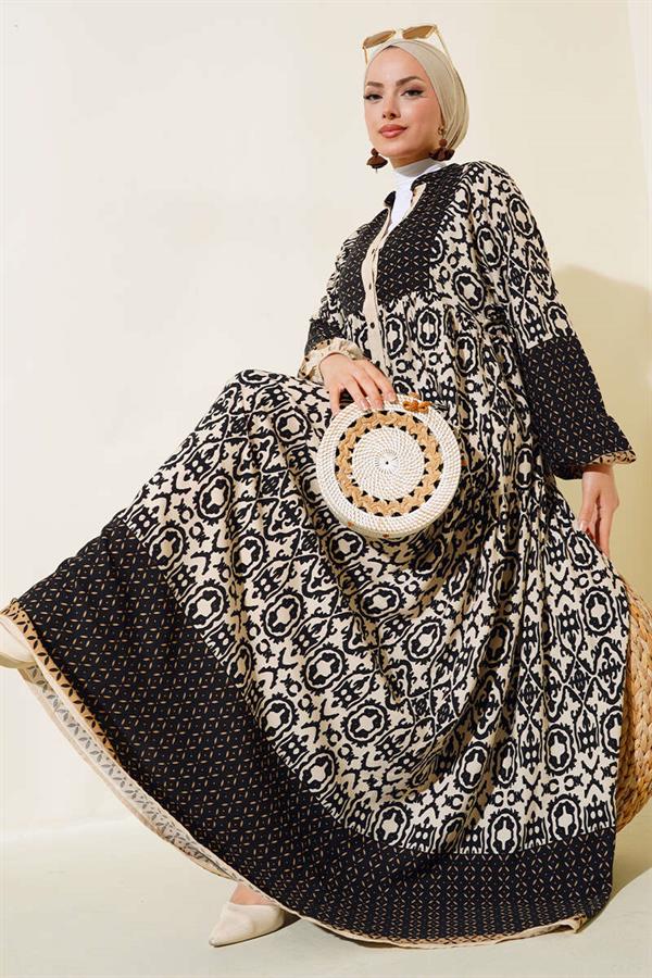 Patterned Half Button Dress Beige