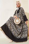 Patterned Half Button Dress Beige