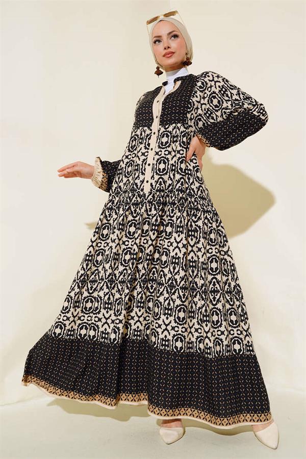 Patterned Half Button Dress Beige