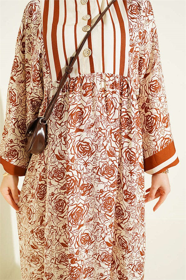 Vertical Striped Belmando Patterned Dress in Brown