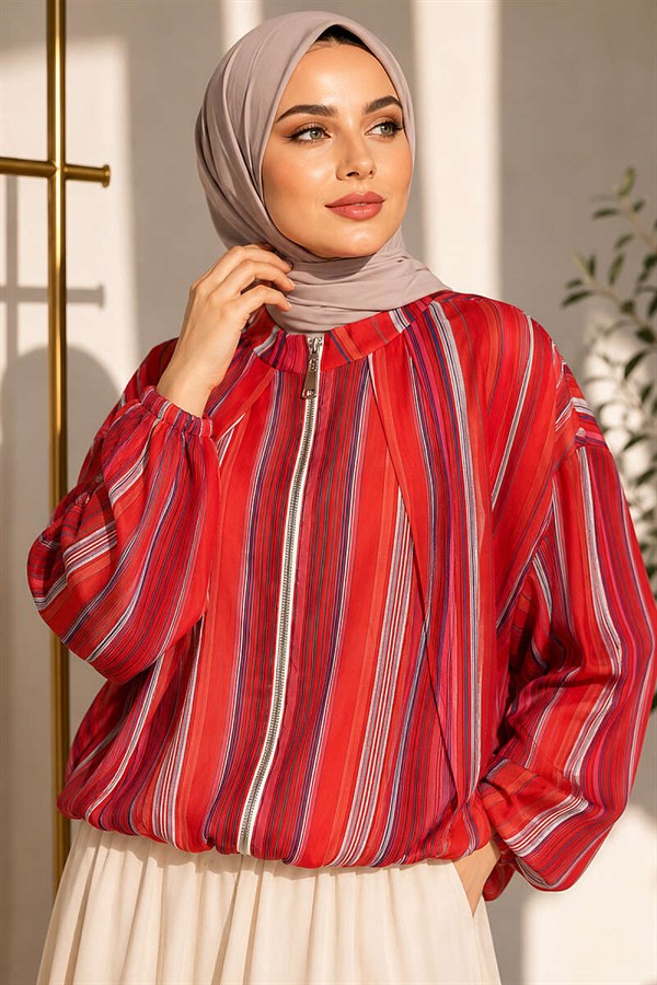 Vertically Striped Zip-Up Short Jacket, Orange