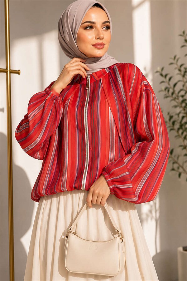 Vertically Striped Zip-Up Short Jacket, Orange