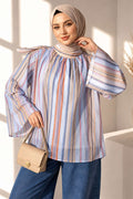 Vertical Striped Wide-Sleeved Tunic, Blue