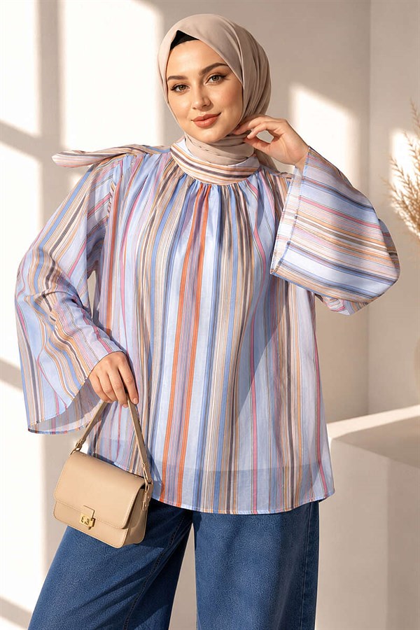 Vertical Striped Wide-Sleeved Tunic, Blue