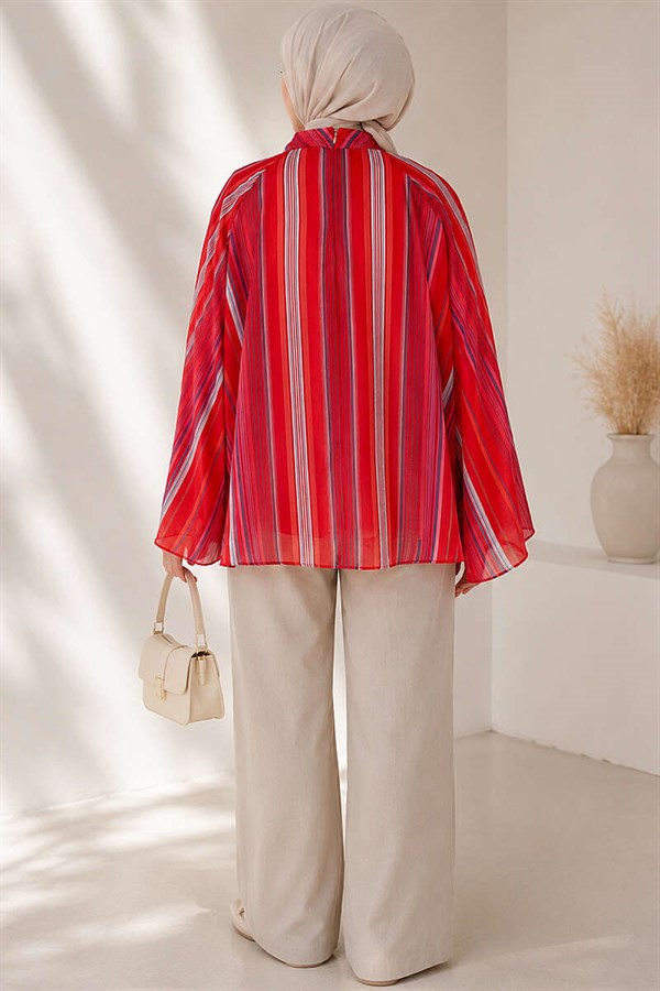 Vertical Striped Wide-Sleeved Tunic Orange