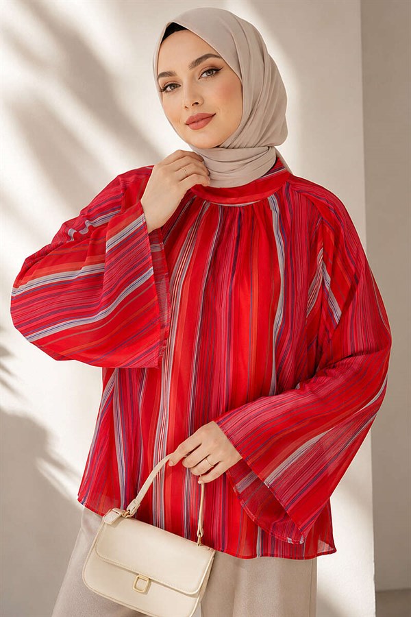 Vertical Striped Wide-Sleeved Tunic Orange