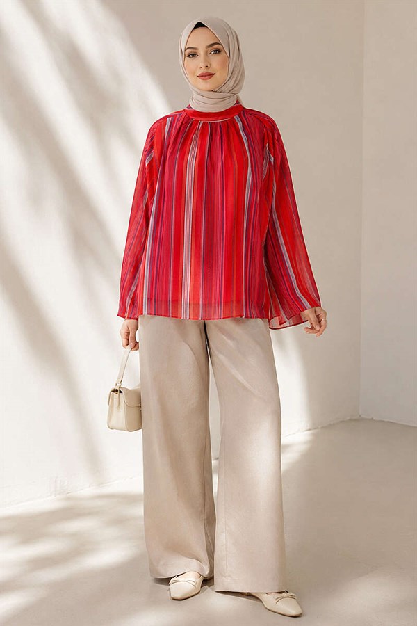 Vertical Striped Wide-Sleeved Tunic Orange