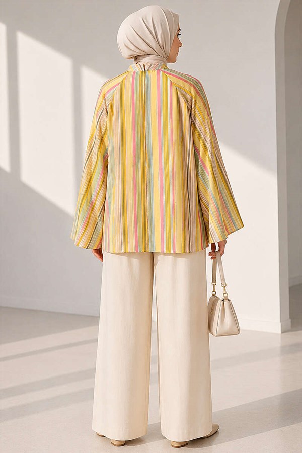 Vertical Striped Wide-Sleeved Tunic, Yellow