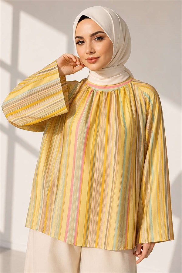 Vertical Striped Wide-Sleeved Tunic, Yellow