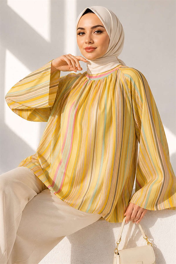 Vertical Striped Wide-Sleeved Tunic, Yellow