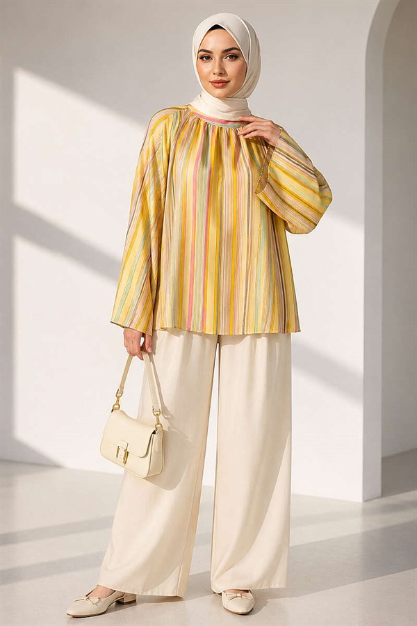 Vertical Striped Wide-Sleeved Tunic, Yellow