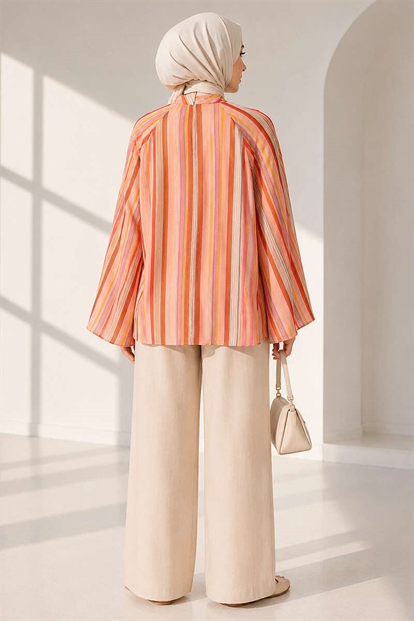 Vertical Striped Wide-Sleeved Tunic Salmon