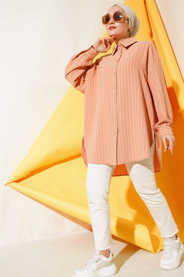 Straight Striped Casual Shirt Camel