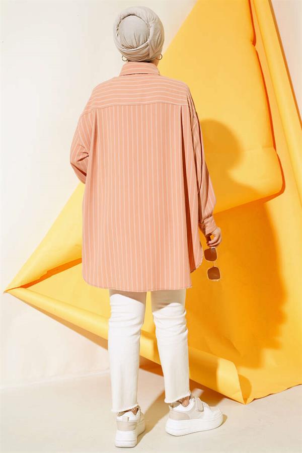 Straight Striped Casual Shirt Camel