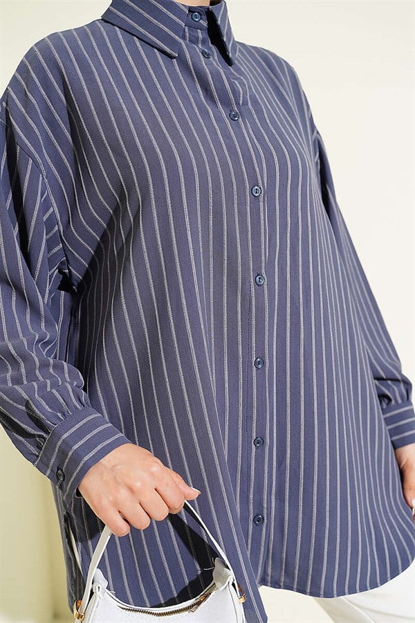 Vertically Striped Loose Shirt, Smoke Grey