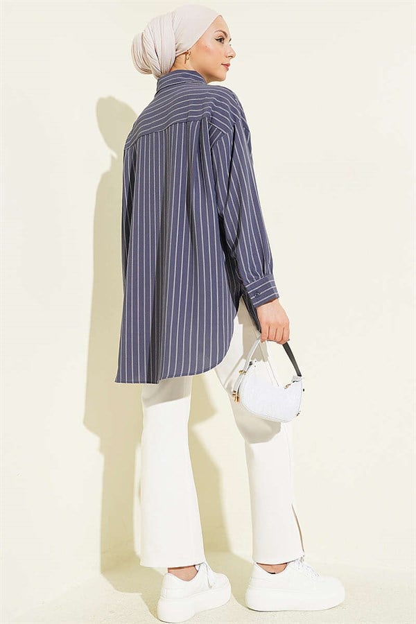Vertically Striped Loose Shirt, Smoke Grey