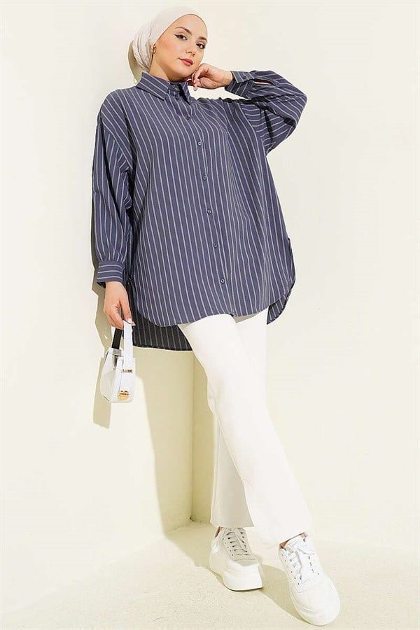 Vertically Striped Loose Shirt, Smoke Grey