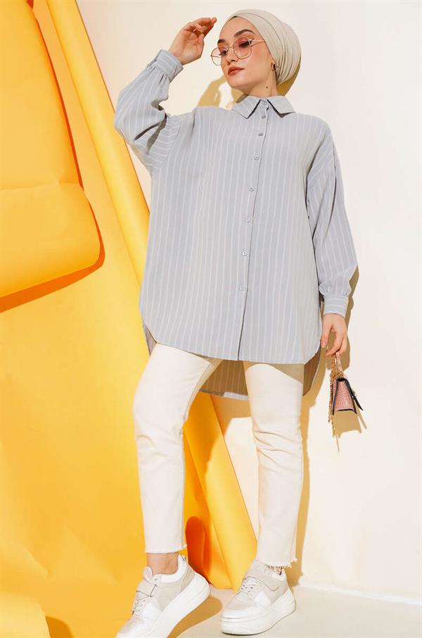 Vertical Striped Casual Shirt Gray
