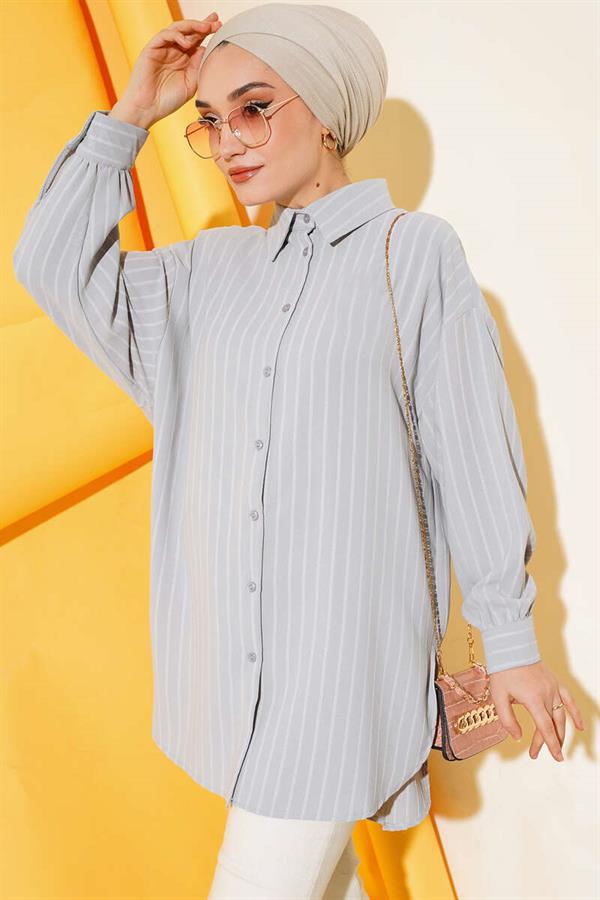 Vertical Striped Casual Shirt Gray