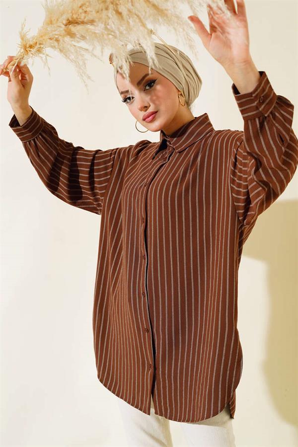 Vertical Striped Casual Shirt Brown