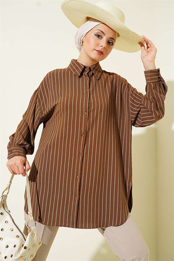 Vertically Striped Loose Shirt Chestnut