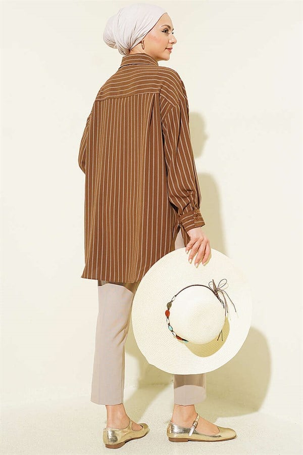 Vertically Striped Loose Shirt Chestnut