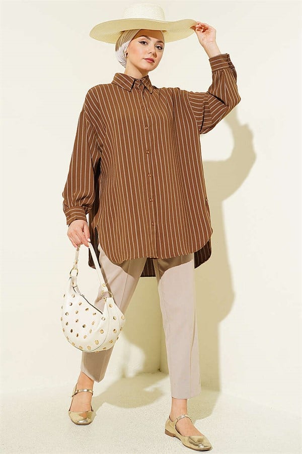 Vertically Striped Loose Shirt Chestnut