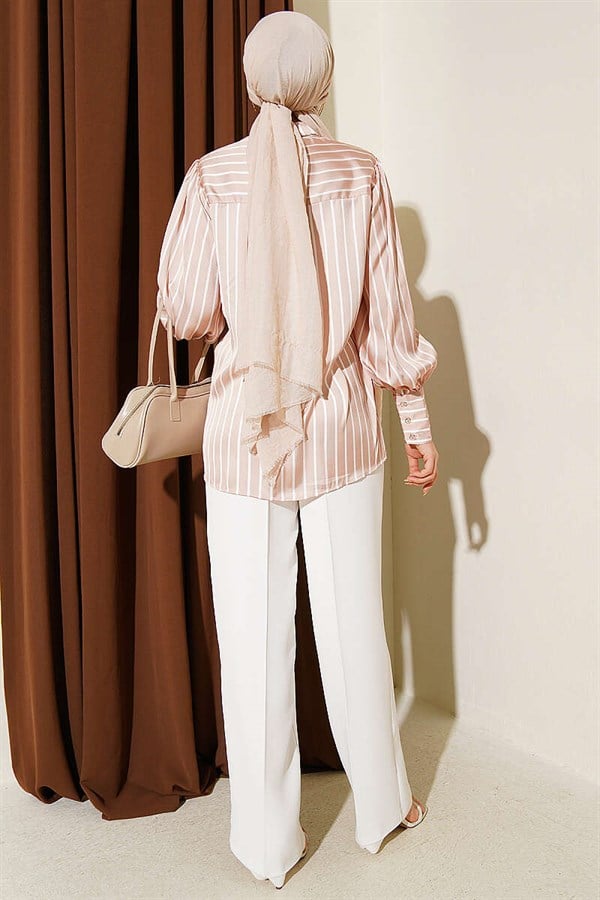 Vertically Striped Satin Shirt, Beige