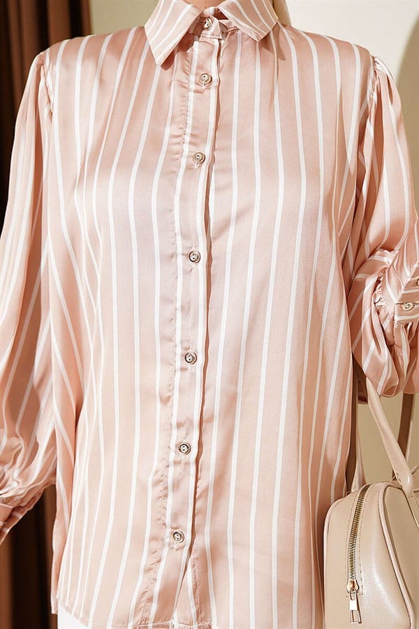 Vertically Striped Satin Shirt, Beige