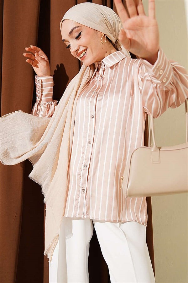 Vertically Striped Satin Shirt, Beige