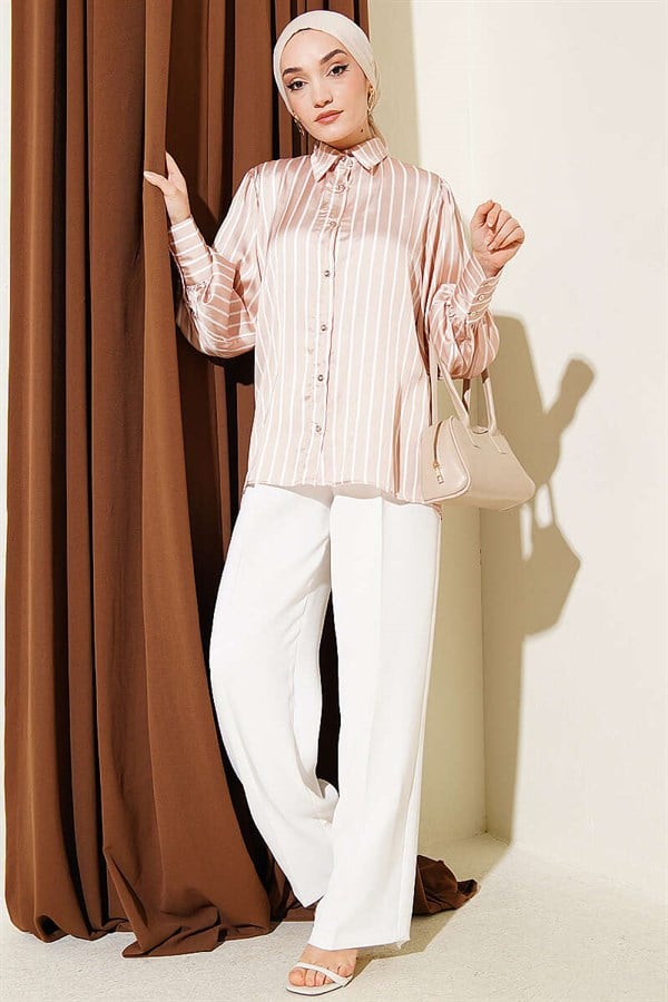 Vertically Striped Satin Shirt, Beige