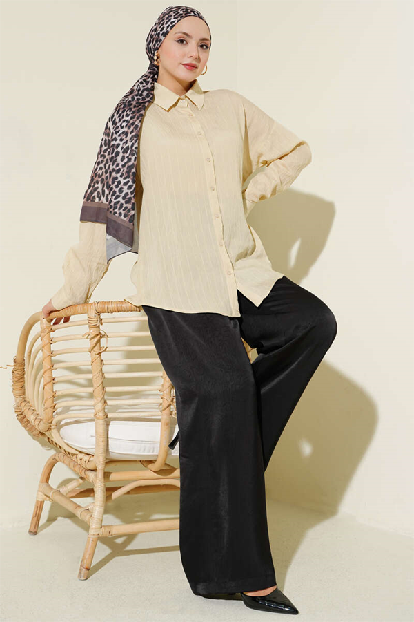 Basic Shirt with Vertical Embossed Stripes, Beige