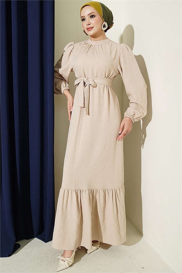 High-Neck Ruched Dress, Beige