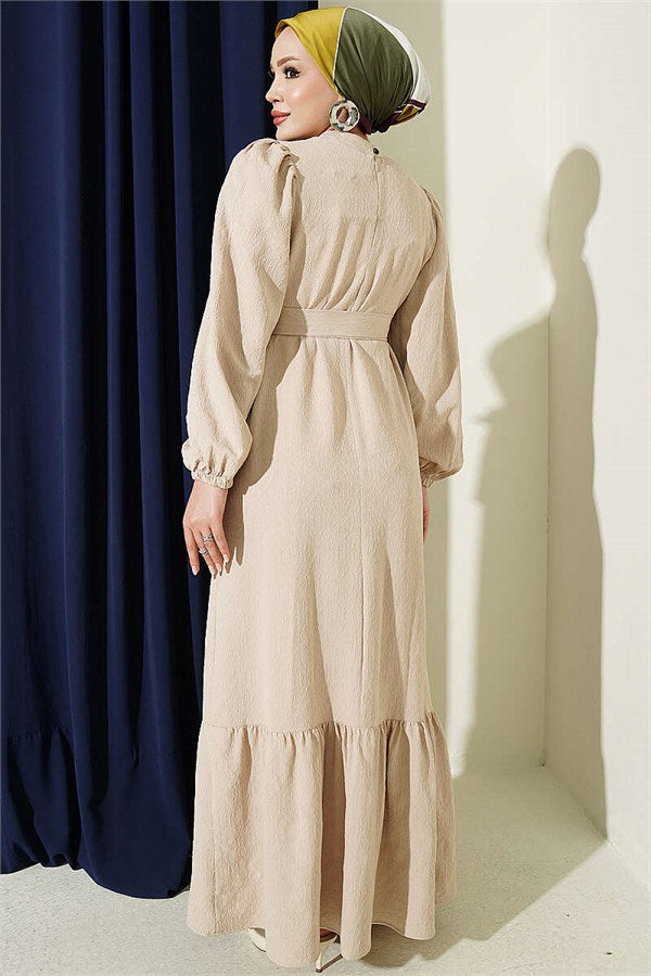High-Neck Ruched Dress, Beige