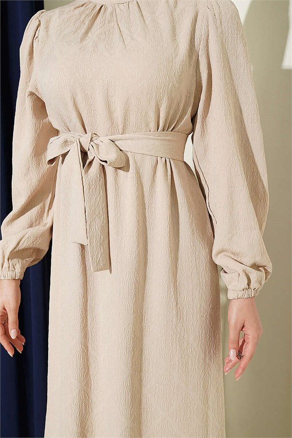 High-Neck Ruched Dress, Beige