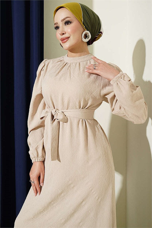High-Neck Ruched Dress, Beige