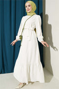 High-Neck Ruched Dress, Ecru