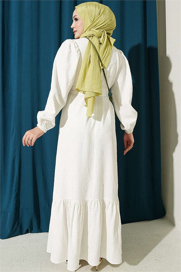High-Neck Ruched Dress, Ecru