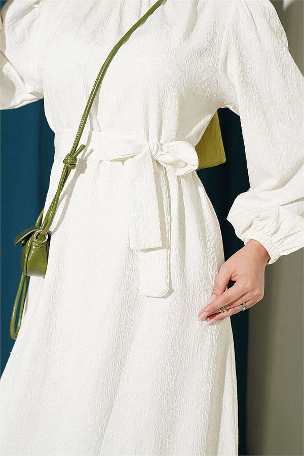 High-Neck Ruched Dress, Ecru