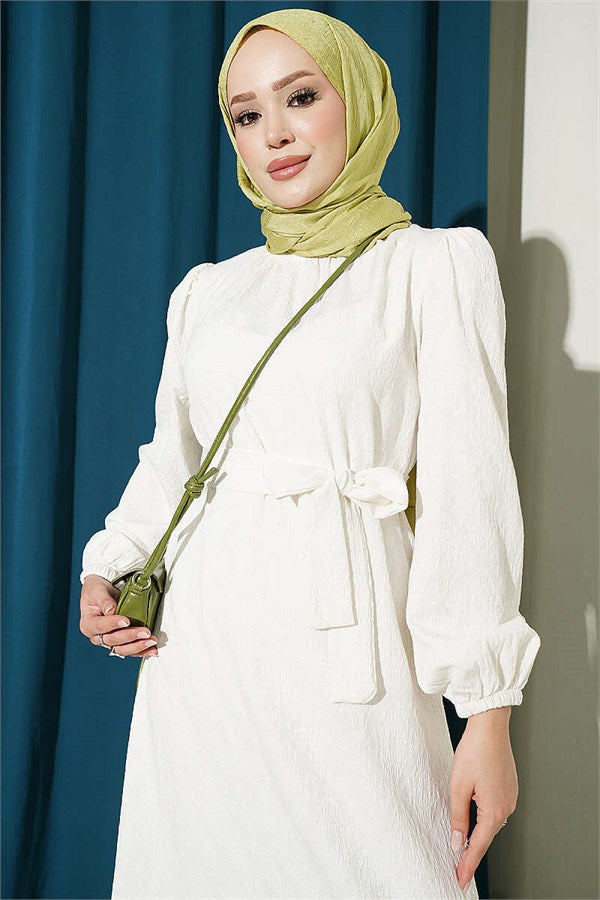 High-Neck Ruched Dress, Ecru